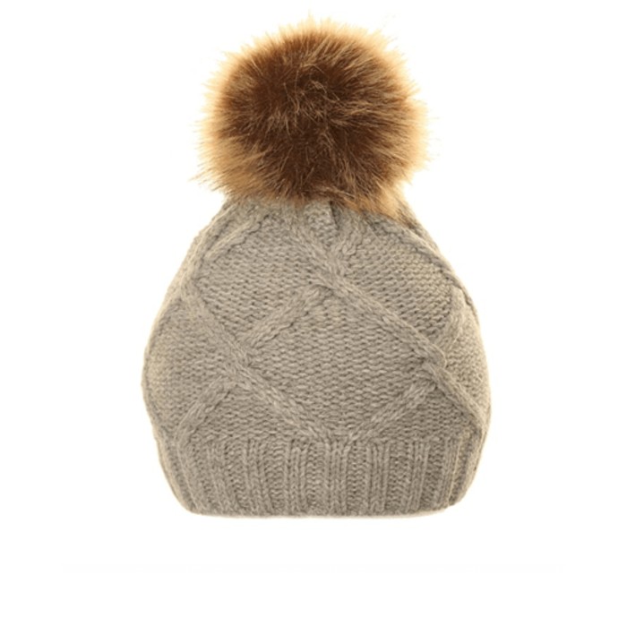 Ladies Michy Cable Knit Bobble Hat Fuax Poms - Grey