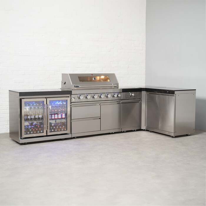 Draco Grills 6 Burner BBQ Modular Outdoor Kitchen with Sear Station, Double Cupboard and Double Fridge, With Granite Side Panels