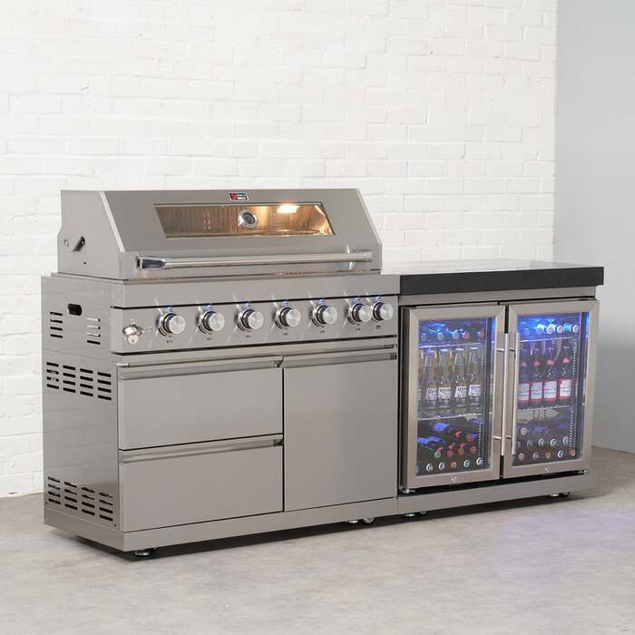 Draco Grills 6 Burner BBQ Modular Outdoor Kitchen with Double Fridge, Without Granite Side Panels