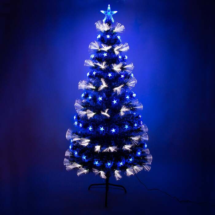 Green Christmas Tree 2ft to 6ft with White Fibre Optic and Blue LED Lights and Stars, 6ft / 1. 8m