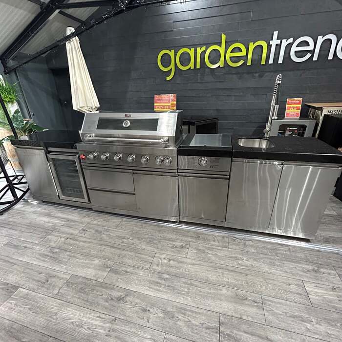 Ex Display Draco Grills 6 Burner Stainless Steel Outdoor Kitchen with Sear Station, Sink Unit and Single Fridge Unit