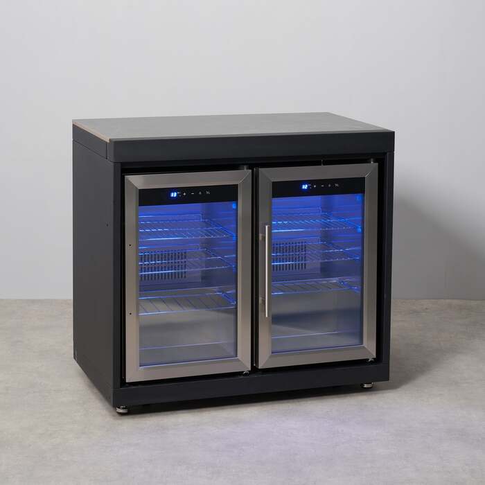 Draco Grills Fusion Outdoor Black Double Fridge Cabinet with Sintered Stone Top 120L