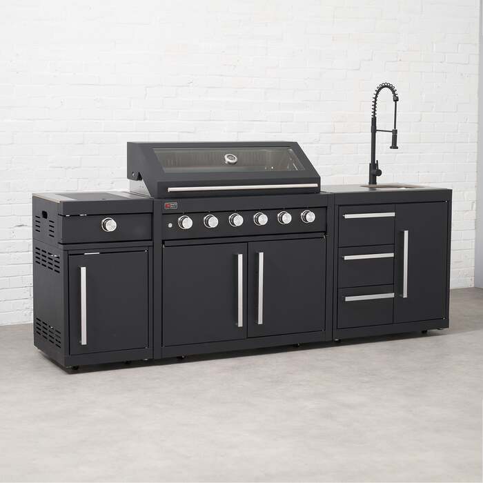 Draco Grills Fusion 6 Burner Black Outdoor Kitchen with Modular Side Burner and Sink, End of January 2026