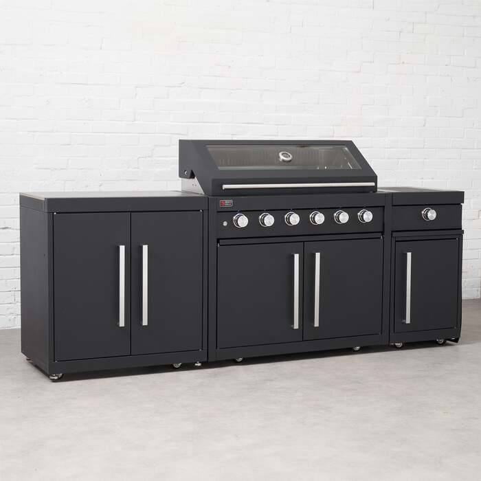 Draco Grills Fusion 6 Burner Black Outdoor Kitchen with Modular Side Burner and Double Cupboard, Mid February 2026