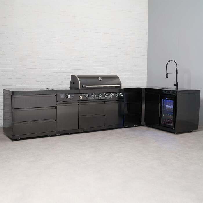 Draco Grills 6 Burner BBQ Black Stainless Steel L-Shape Modular Outdoor Kitchen with Sear Station Drawers and Fridge/Sink, Without Side Panels