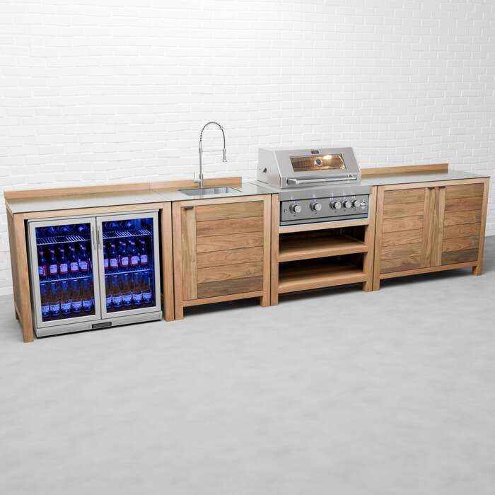 Draco Grills Teak 4 Burner Outdoor Kitchen with Modular Double Cupboard, Sink, Double Fridge, End of January 2026 / With Side Panels