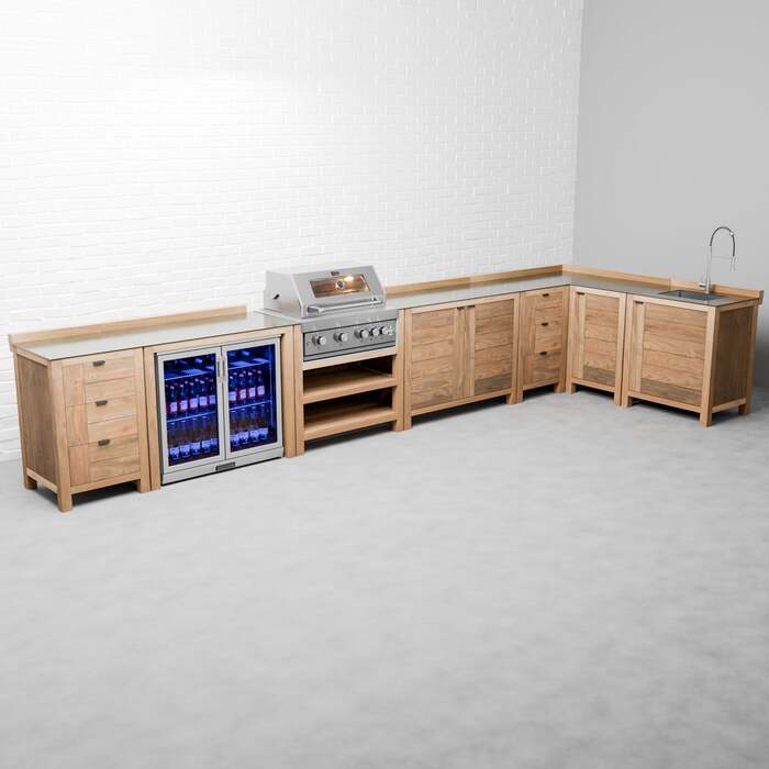 Draco Grills Teak 4 Burner Outdoor Kitchen with Modular Cupboards, Drawers, Sink, Double Fridge, Corner Cabinet, End of January 2026 / With Side Panels