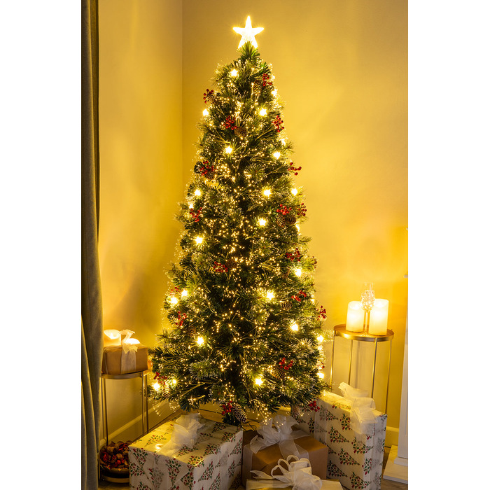 Green Fibre Optic Christmas Tree 3ft - 7ft with Berries, Cones and Warm White LED Stars, 5FT