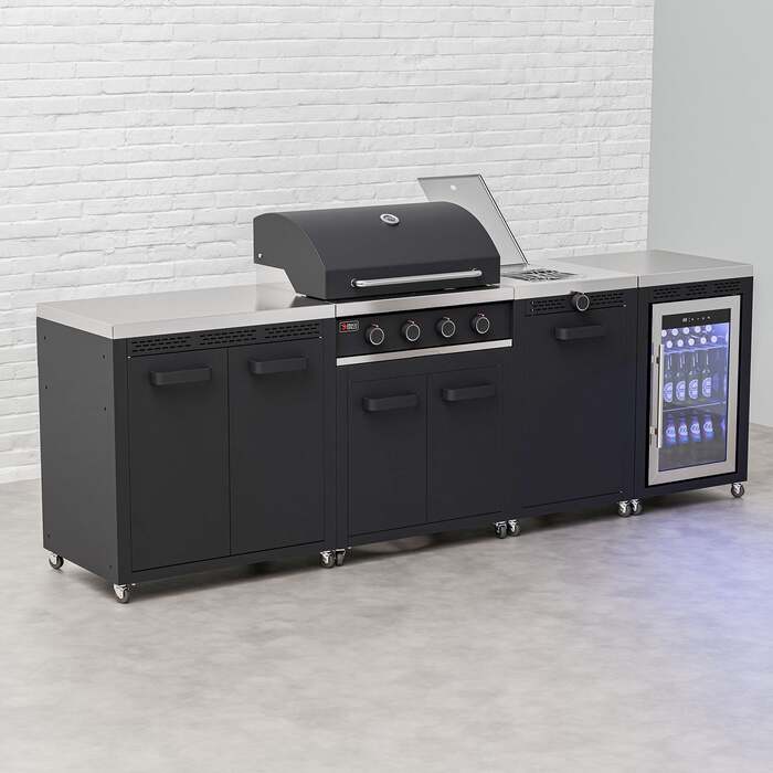 Draco Grills Titan 4 Burner Black Outdoor Kitchen Gas Barbecue with Side Burner, Fridge and Double Cupboard, Mid March 2026