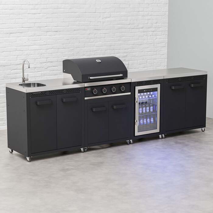 Draco Grills Titan 4 Burner Black Outdoor Kitchen Gas Barbecue with Fridge, Double Cupboard and Sink, Mid March 2026