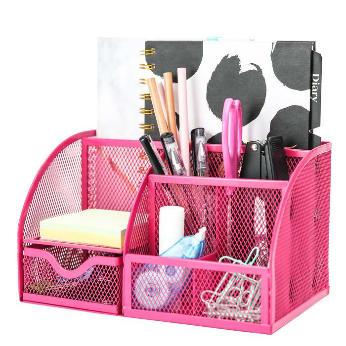 EXERZ Desk Organiser with 7 Compartments -Mesh Desk Tidy Caddy - Pink