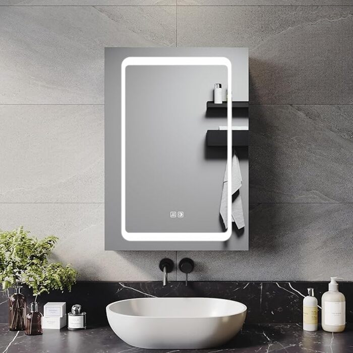 ELEGANT 500x700mm Illuminated Bathroom Mirror Cabinet with Shaver Socket and Demister Pad