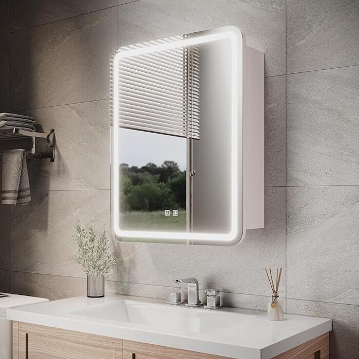 ELEGANT 550 x 700mm LED Bathroom Mirror Cabinet with Touch Sensor, Dimmer, Anti-Fog, and Shaving Port, Cream White
