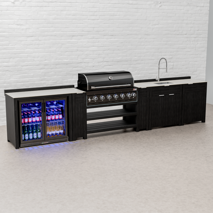 Draco Grills Teak Carbon Line Modular Outdoor Kitchen 6 Burner Black Stainless Steel Barbecue with Double Fridge, Sink and Cupboard, End of January 2026