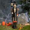 4ft Black and Orange Halloween Nutcracker Skeleton with Skull Staff and LED Lights