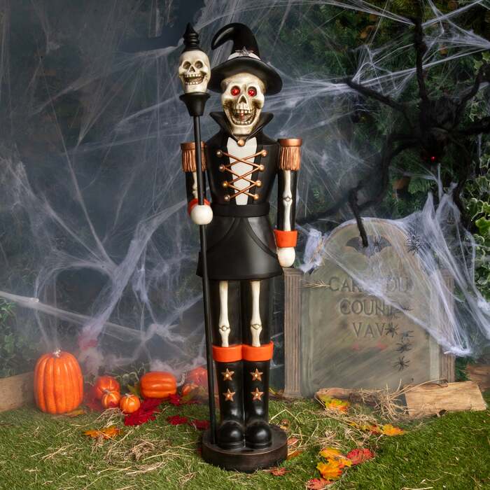4ft Black and Orange Halloween Nutcracker Skeleton with Skull Staff and LED Lights