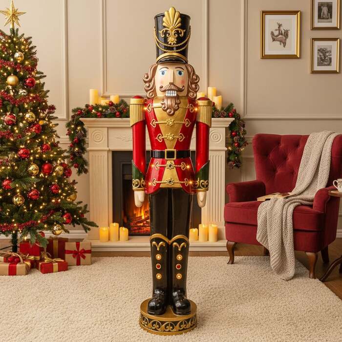 5ft Large Traditional Christmas Nutcracker Soldier - Red, Black and Green with LED Lights