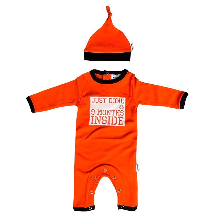 New Baby Announcement Outfit- Just Done 9 Months Inside® Orange Baby Grow Prison Outfit - Lazy Baby®