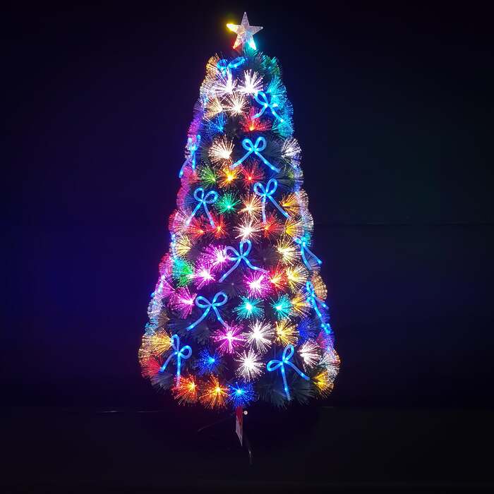 Green Fibre Optic Christmas Tree 2ft to 7ft with Multi Coloured LED Lights and Blue Bows, 5ft / 1. 5m
