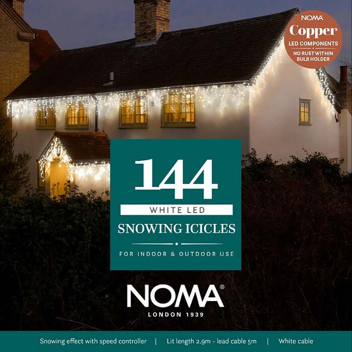 Noma Christmas 144, 240, 360, 480, 720, 960 White Snowing Icicle LED Lights with White Cable, 144 Bulbs