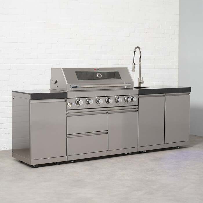 Draco Grills 6 Burner BBQ Modular Outdoor Kitchen with Gas Bottle Cabinet and Sink, With Granite Side Panels