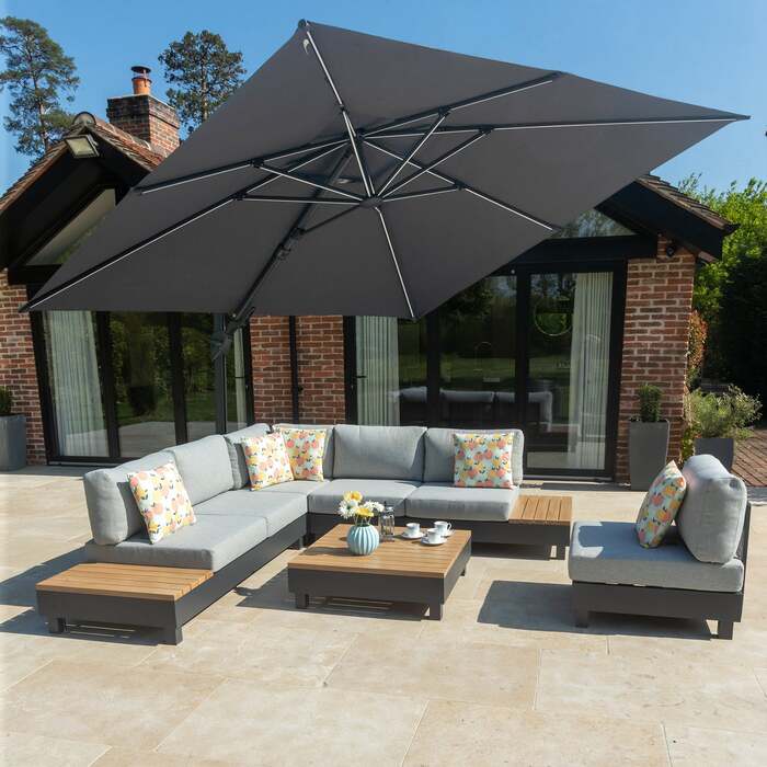 Bracken Outdoors Grey 3m x 3m Square Cantilever Parasol With Solar LED Lights & FREE Base