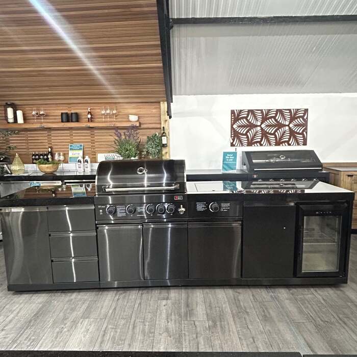 Ex Display Draco Grills 4 Burner Black Stainless Steel Outdoor Kitchen with Sear Station, Single Fridge and Bin Cabinet