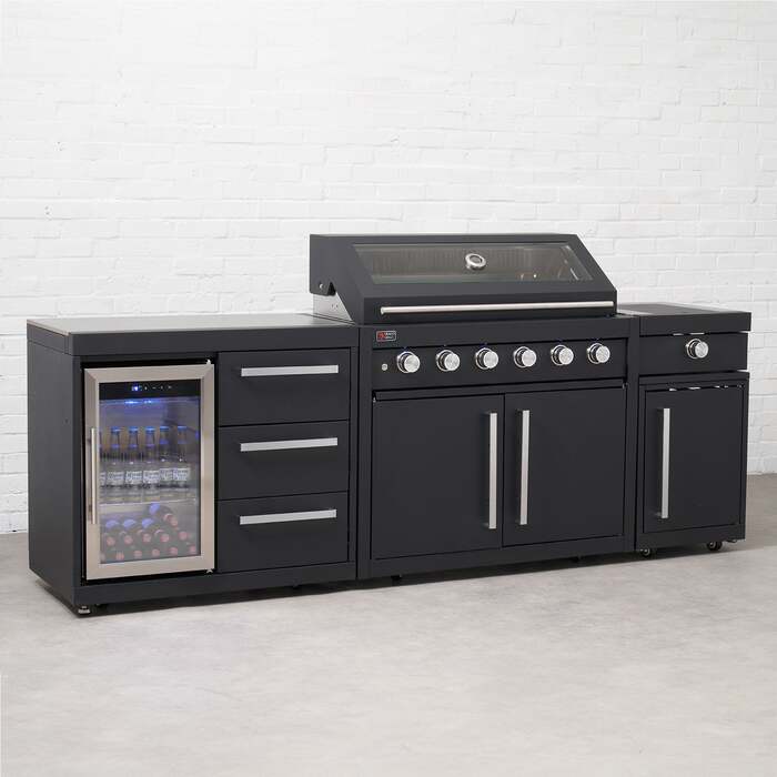 Draco Grills Fusion 6 Burner Black Outdoor Kitchen with Modular Side Burner and Single Fridge, Mid February 2026