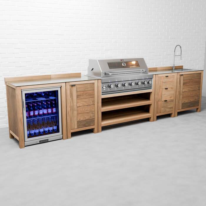 Draco Grills Teak 6 Burner Outdoor Kitchen with Modular Double Fridge, Sink, Single Cupboard, Triple Drawers, Early March 2026 / With Side Panels