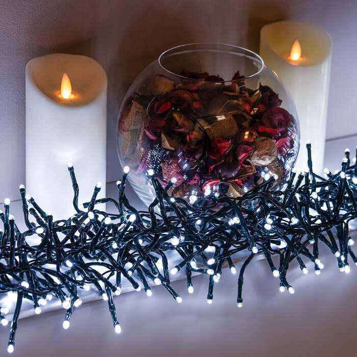 White Multi-Function Christmas Cluster Lights with Green Cable 360, 480, 720, 960 and 2000 LEDs, 2000 LEDs