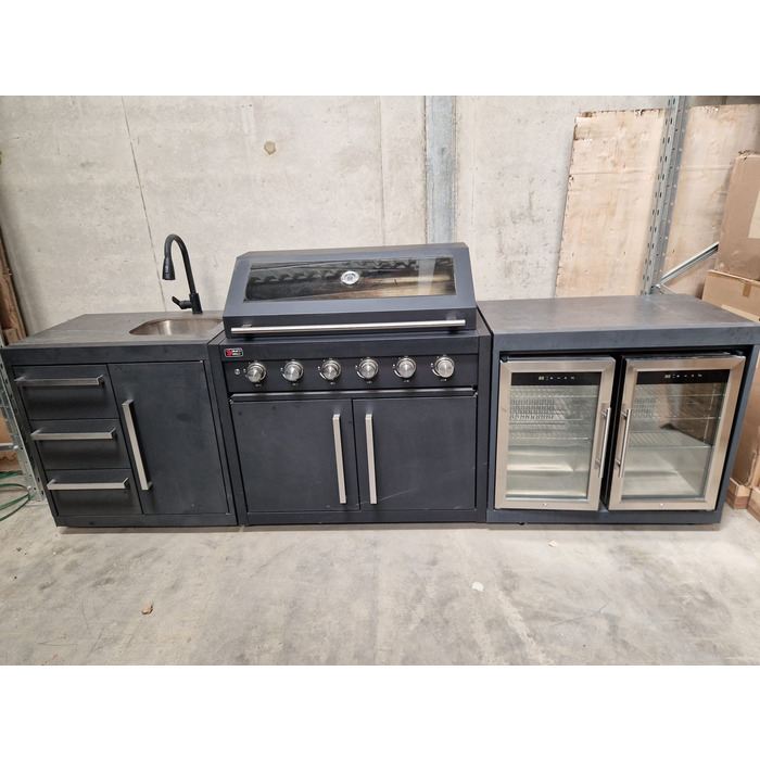 Ex Display Draco Grills Fusion 6 Burner Black Outdoor Kitchen with Double Fridge and Sink Unit