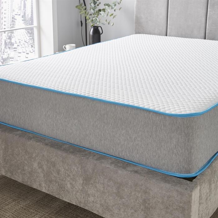 Starlight Beds™ Soft Fabric with 1" Memory Foam Layer Open Coil Blue and Grey Border Spring Mattress - 2ft6 Small Single Mattress (75cm by 190cm)