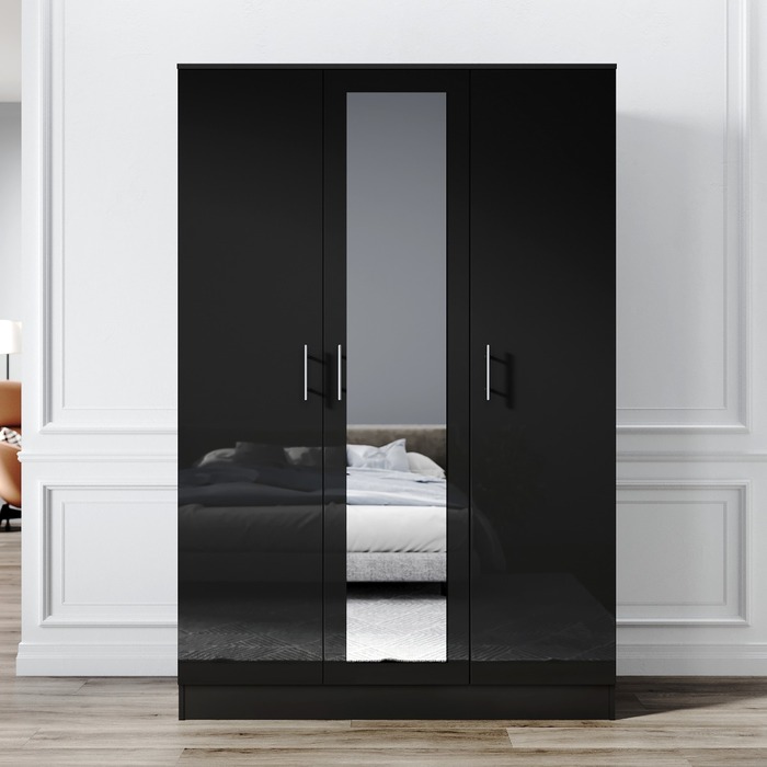 ELEGANT 500D x 1200W x 1800Hmm 3 Door High Gloss Black Mirrored Wardrobes with Hanging Rail