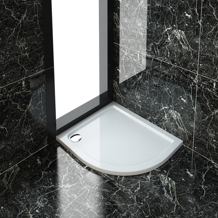 ELEGANT 900X800mm Ultra - Slim Stone Resin Offset Quadrant Right Hand Shower Tray + 90mm Waste