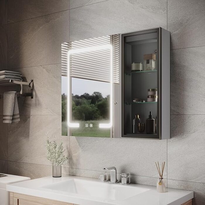 ELEGANT 700 x 600mm LED Bathroom Mirror Cabinet with Open Shelf, Dimmer, Anti-Fog, and Shaving Port, Grey