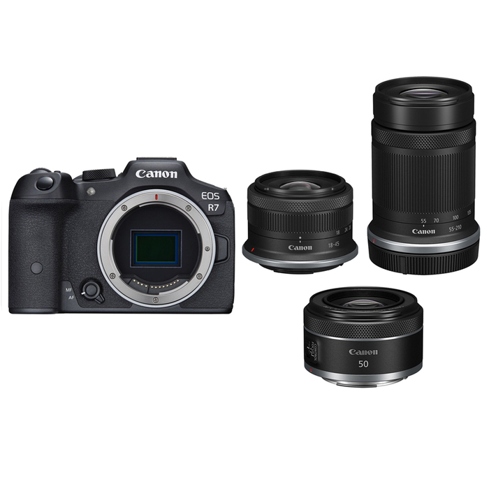 Canon EOS R7 Mirrorless Camera with RF-S 18-45mm, RF-S 55-210mm and RF 50mm f1. 8 STM Lenses