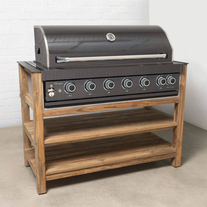 Draco Grills Teak Modular Outdoor Kitchen BBQ Unit with Black Stainless Steel 6 Burner Barbecue, Mid February 2026