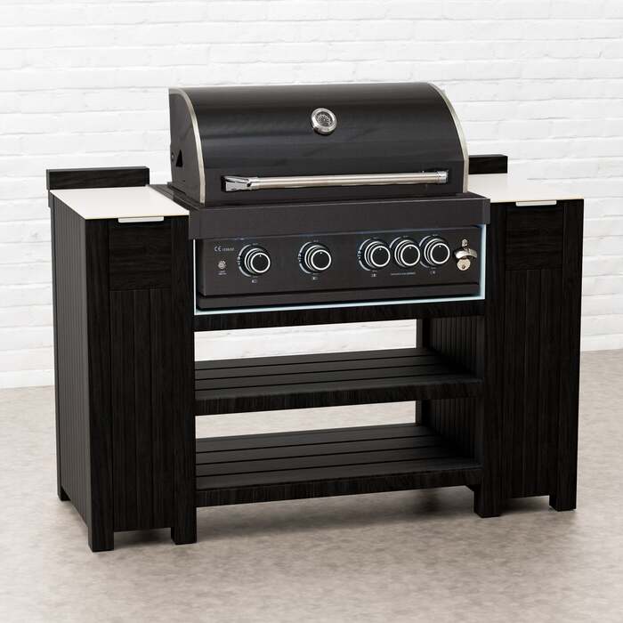 Draco Grills Teak Carbon Line 4 Burner Black Stainless Steel BBQ Cabinet with Ceramic Top