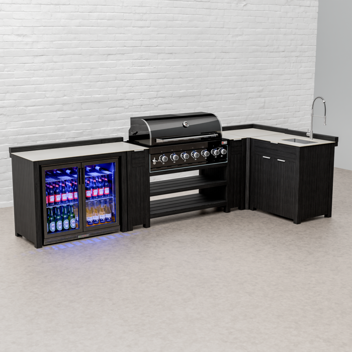 Draco Grills Teak Carbon Line Modular Outdoor Kitchen 6 Burner Black Stainless Steel Barbecue with Sink and Double Fridge Cabinet, Mid February 2026