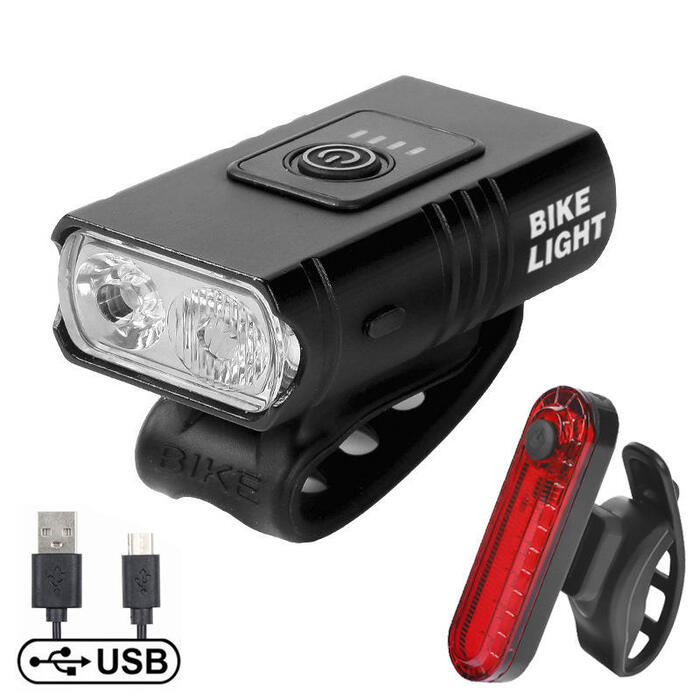 USB Rechargeable Bike Lights Set with Battery Indicator, 500 Lumen Twin T6 LED Front & COB Rear, Waterproof