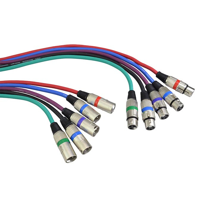 5 x XLR Mic - Audio Cables 3 Metre Tangle Resistant 5 Colour Lead Pack