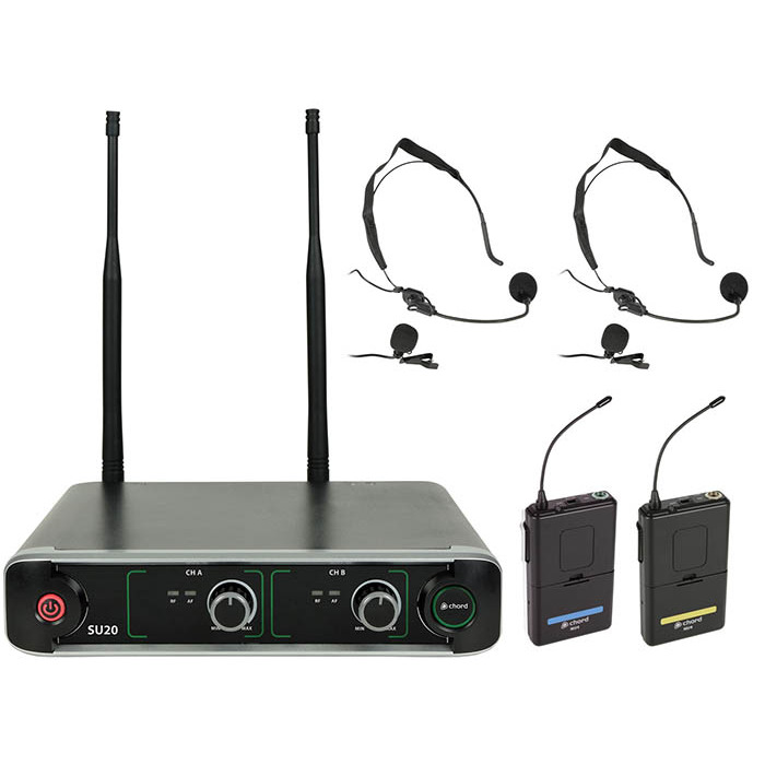 Dual UHF Belt pack Microphone System with Receiver - 864. 8 & 863. 1MHz