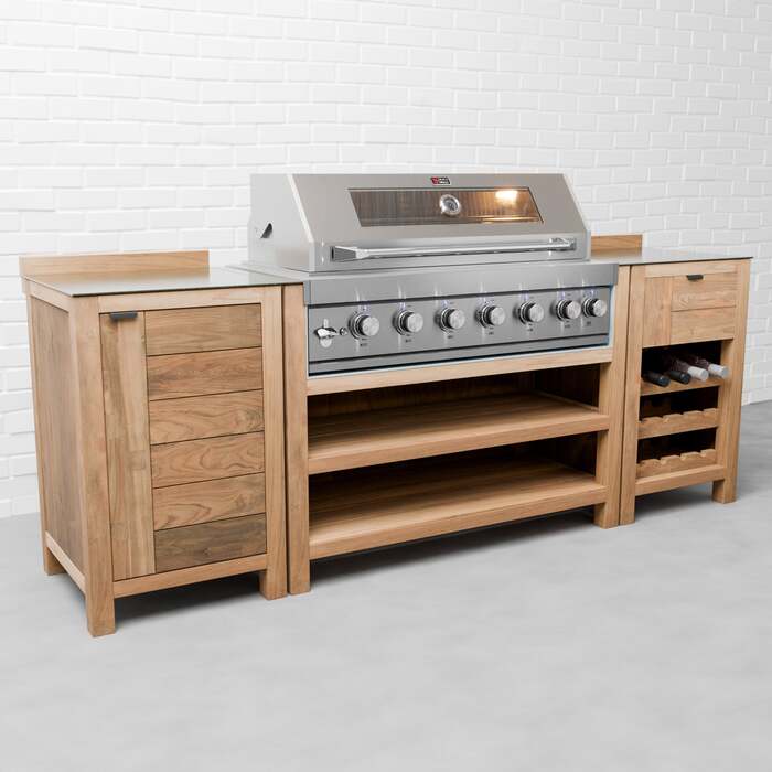 Draco Grills Teak 6 Burner Outdoor Kitchen with Modular Single Cupboard and Wine Cabinet, Without Side Panels