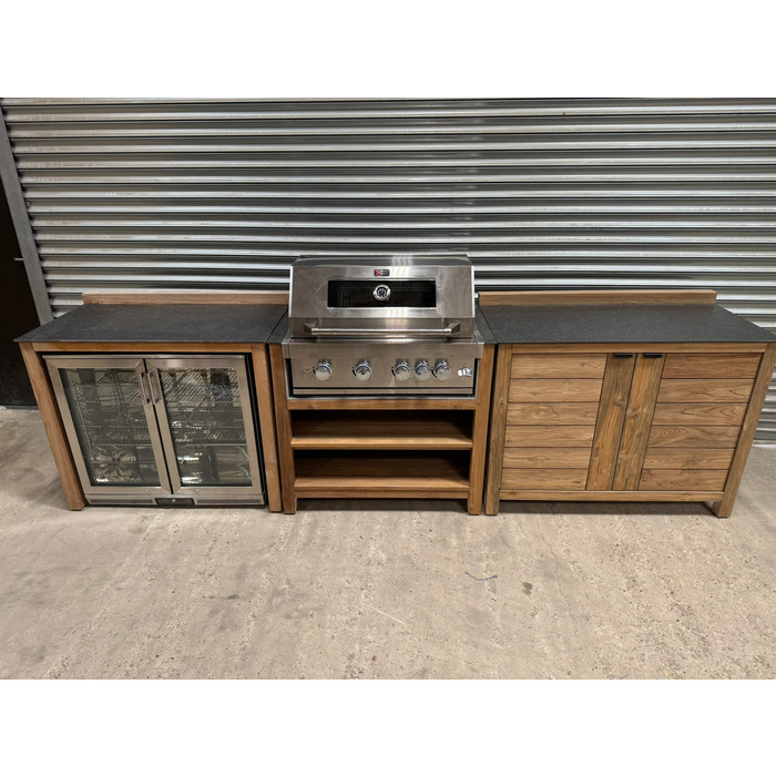 Ex Display Draco Grills Teak 4 Burner Outdoor Kitchen with Modular Double Fridge and Double Cupboard