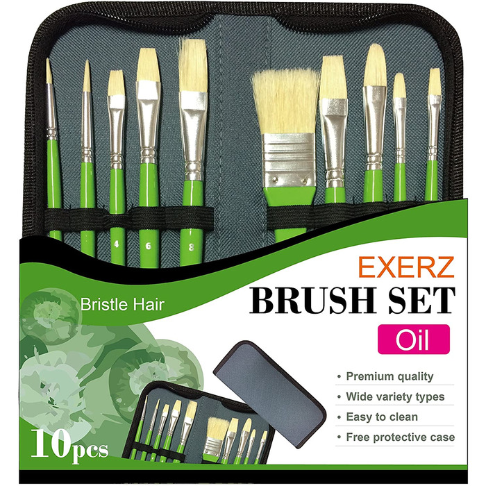 Exerz Artist Paint Brush Set " 10 pcs Professional Bristle Brushes in a Case/Perfect for Oil Colour Acrylic Gouache - Oil