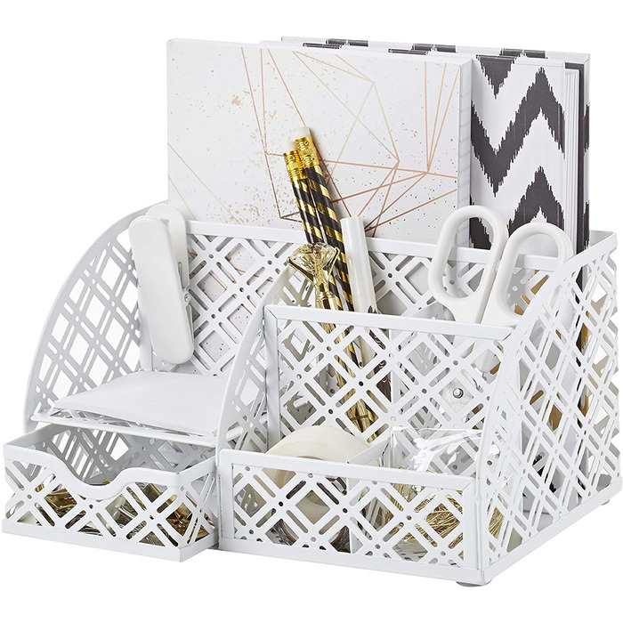 EXERZ Desk Organiser with 7 Compartments -Mesh Desk Tidy Caddy - White