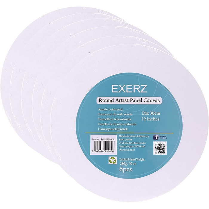 Exerz 30cm Round Canvas Panels 6pcs- 3mm 280gsm 100% Cotton Diameter 30cm Canvas Board