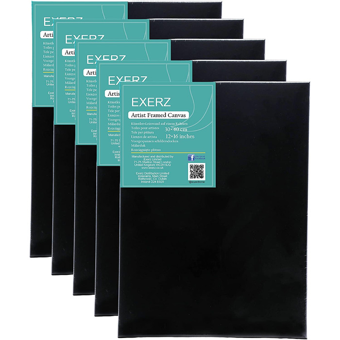 Exerz 30x40cm Black Canvas A3 1. 7cm Stretched Artist Canvas - 280GSM 100% Cotton - 5PK