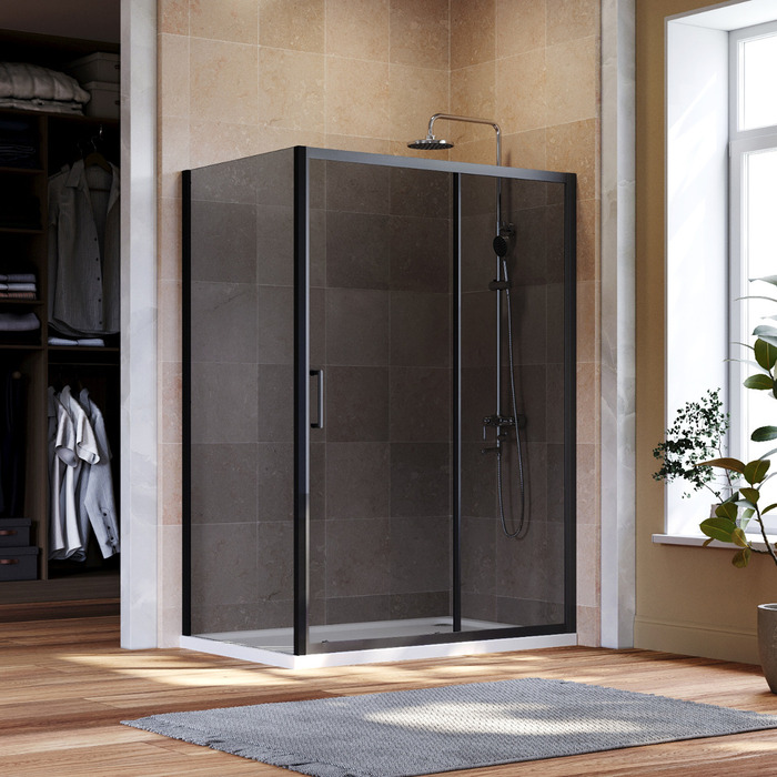 ELEGANT 1100x800mm Black Sliding Shower Door with side panel 8mm Easy Clean Nano Glass Shower Enclosure