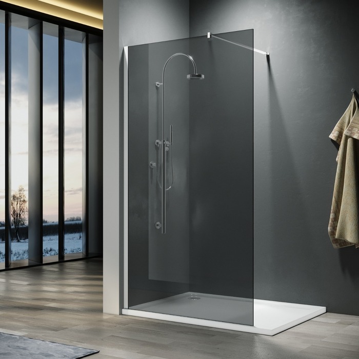 ELEGANT 1200mm Walk-In Shower Panel Smoked Glass 8mm Easy Clean Nano Glass Shower Screen